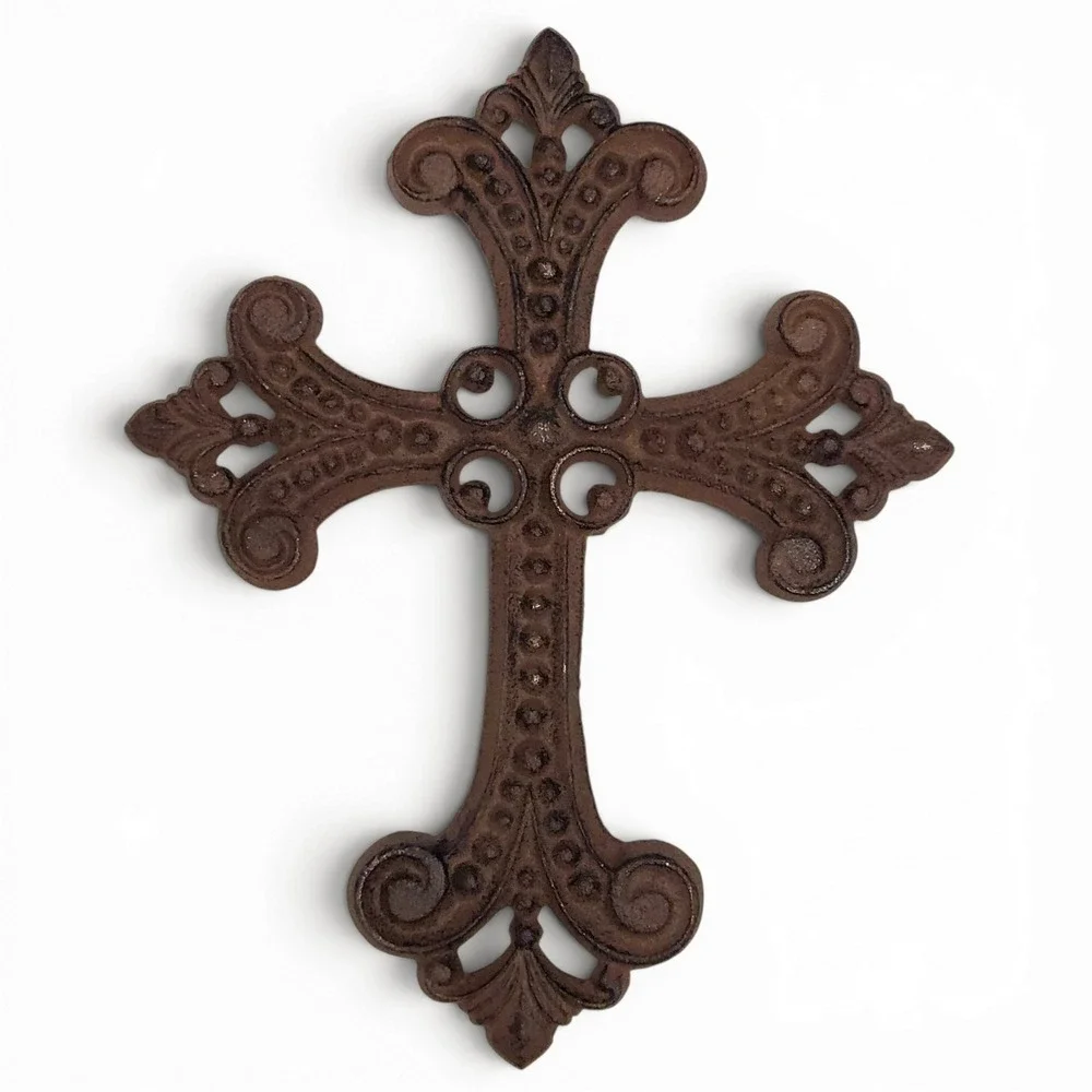 Cast Iron Brown Rusted Metal Dot & Scroll Christian Cross Rustic Wall Art